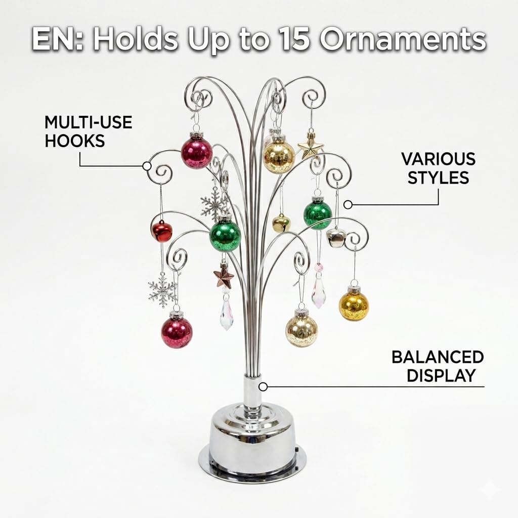 HOHIYA 360° Rotating Ornament Display Stand 15 Hooks Tabletop Christmas Tree Ornament Holder Metal Hanging Display Rack for Crystal Glass Baubles Jewelry and Home Decor Chrome Silver