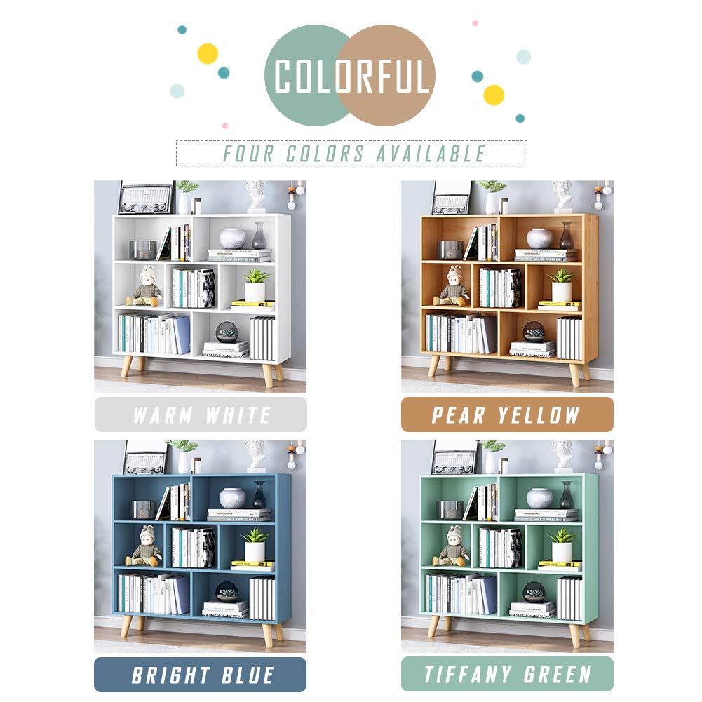 IOTXY Wooden Open Shelf Bookcase - 3-Tier Floor Standing Display Cabinet Rack with Legs, 7 Cubes Bookshelf, Pear Yellow