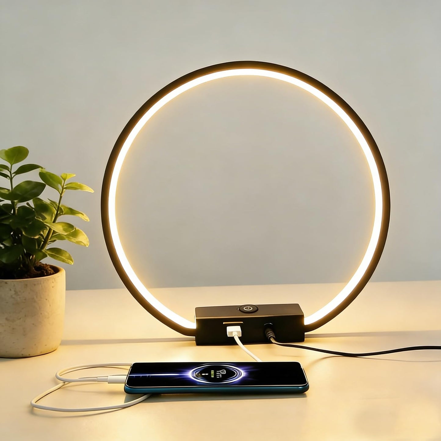MASIVEL LED Circle Table Lamp Touch Control 3-Way Dimmable Bedside Nightstand Lamp with USB Port Modern Tabletop Lamps, 12W 3000K Warm Light, Desk Lamp for Bedroom Living Room, Black