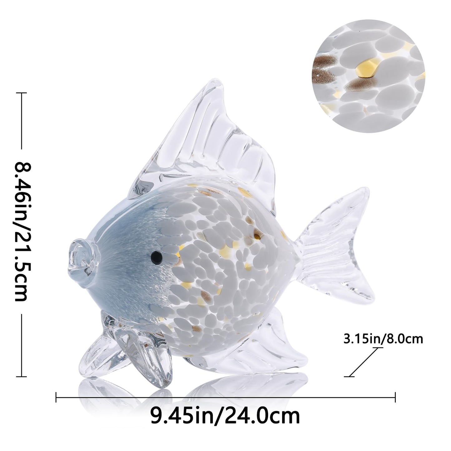 Large Hand Blown Glass Fish Figurines, Aquarium Sea Glass Art, Blue White Fish Statue Sculpture Modern Coastal Accent - for Beach Knick Knacks, Coffee Tables, Nautical Offices Centerpiece