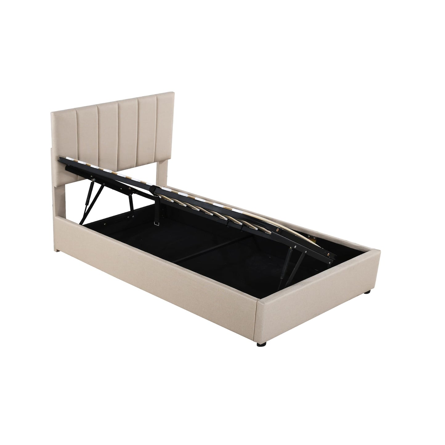 Twin Size Upholstered Platform Bed with Hydraulic Storage System, Vertical Stripe Headboard, Lift Up Storage Bed Frame with Slats Support No Box Spring Needed Modern Bedroom Furniture, Beige