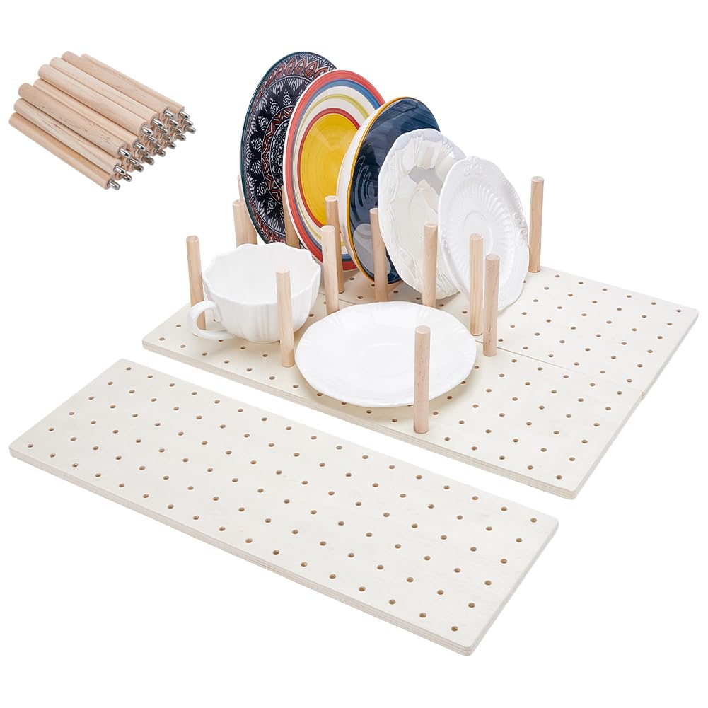UNICRAFTALE 3Set Wood Pegboard Drawer Organizer Adjustable Wood Tableware Organizer Storage Shelf Wooden Peg Board with 24 Pegs for Dishes Plate Pot Container Cookware Utensil Kitchen 5.79x17.13 in