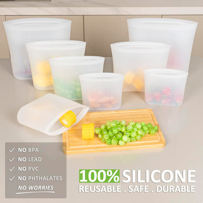 Reusable Food Bags, 12 Pack 100% Silicone Food Storage Bags Stand Up Zip Lock Container, Freezer Microwave Oven Dishwasher Safe, 4 Medium 4 Small 4 Extra Small, Aqua