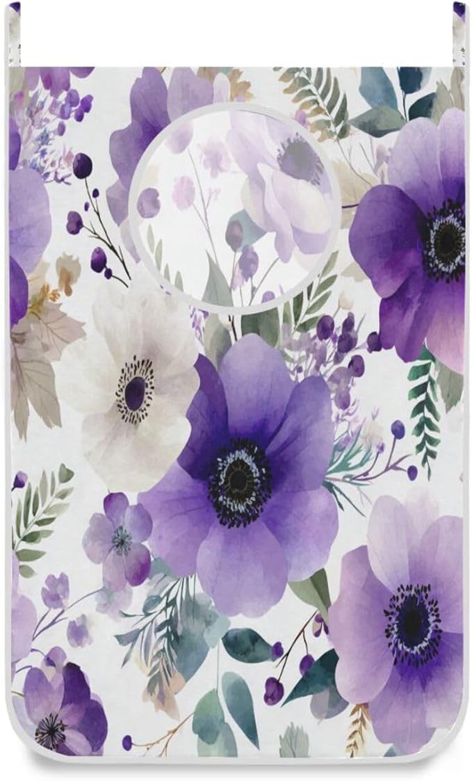 Purple and White Silver Lotus Flowers and Berries Hanging Laundry Hamper Door