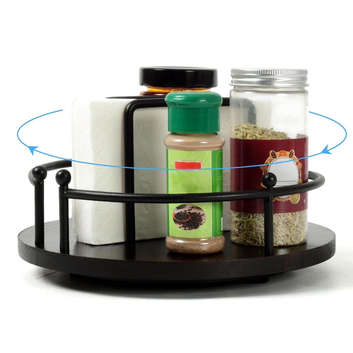 OCMML Napkin Holder for Table,360° Rotating Lazy Susan Turntable Organizer for Cabinet,9 inches Kitchen Table Decor&Counter Tray Can Hold Salt and Pepper Shakers (Dark Brown)