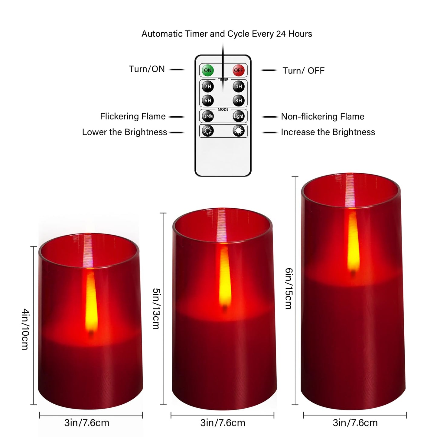 kakoya Flameless Candles Upgraded Realistic Flickering Flame,Battery Operated LED Candles with Remote Timers,Acrylic Electric Candles Set of 3(D 3" xH 4" 5" 6")（Red）