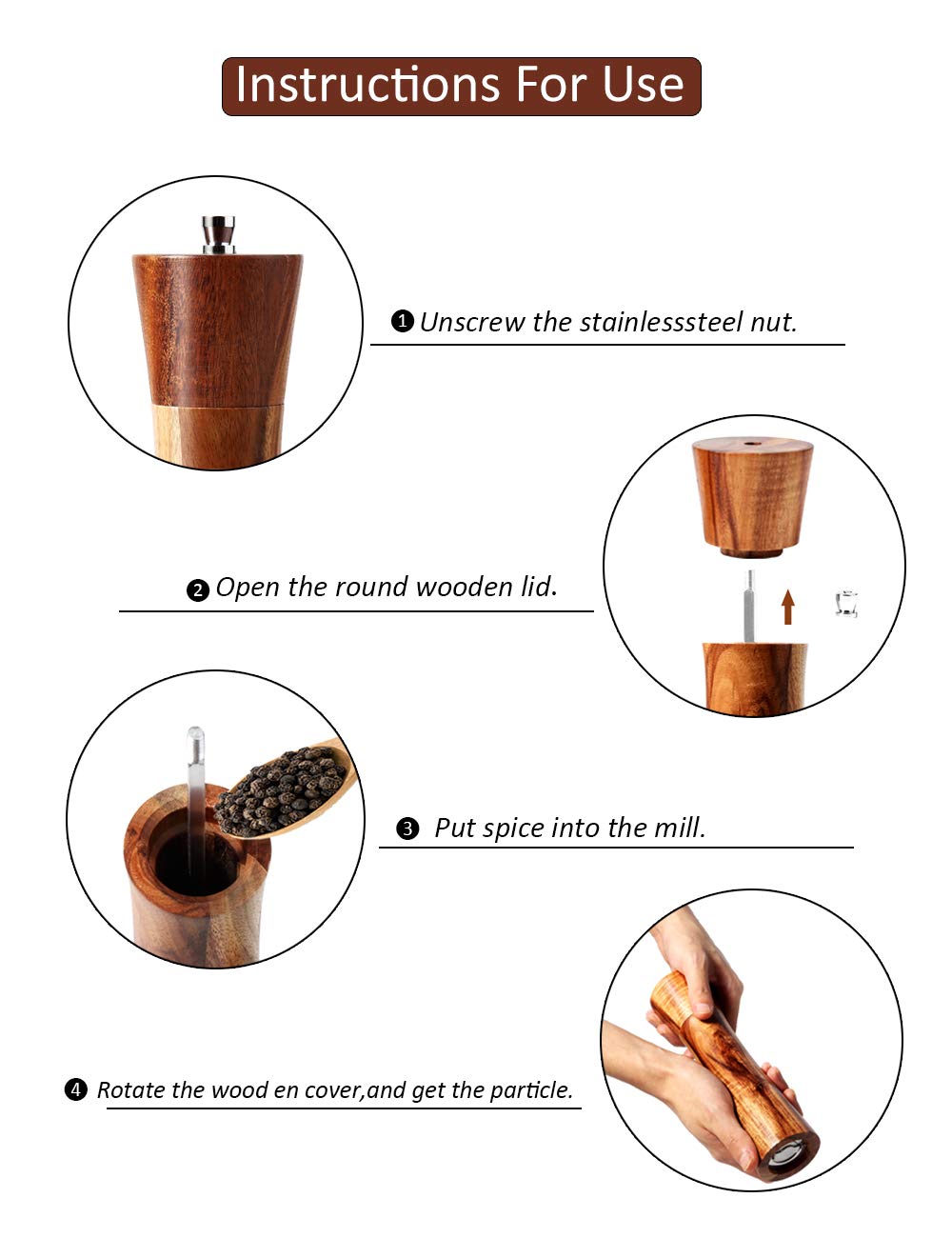Wooden Salt and Pepper Grinders Set, 8 inch Acacia Wooden Salt and Pepper Mills Shakers Kit Ceramic Rotor with Strong Adjustable Coarseness