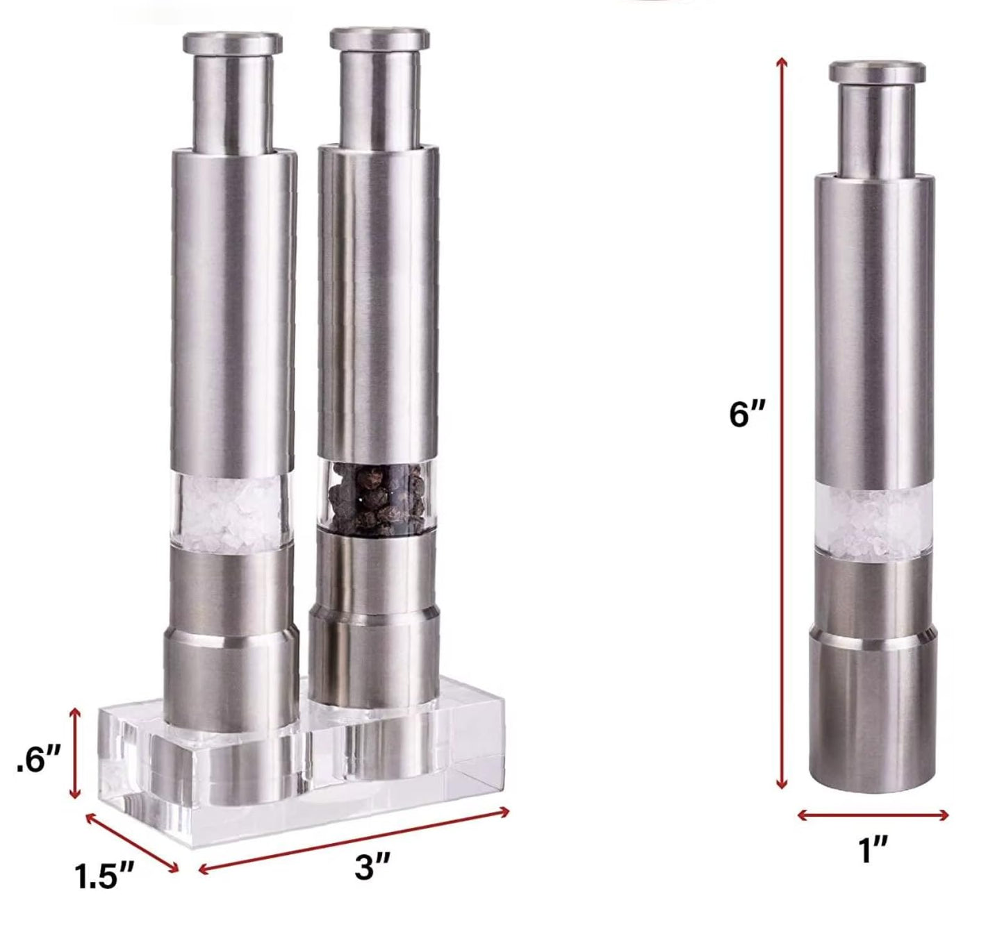 Salt and Pepper Grinder Set Manual Stainless Steel, Refillable Pepper Grinder and Salt Grinder with Acrylic Base, Salt & Pepper Mill Set