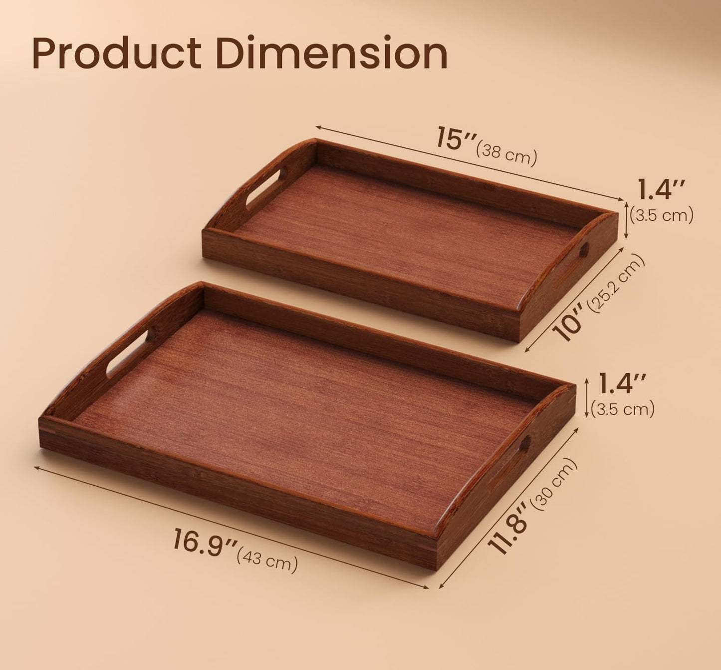 Danfoxer Bamboo Set of 2 Serving Tray with Handles,Large & Small Food Serving Trays for Coffee Table, Kitchen Counter, Breakfast, Party, Decorative Trays for Eating, Ottoman, Bathroom(Brown)