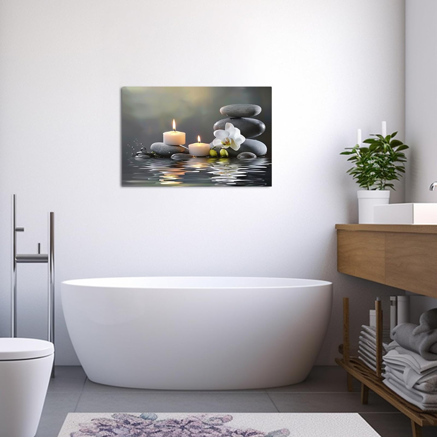 PBXBJY Bathroom Wall Art Orchid Flower with Black Zen Stone Pictures SPA Candle Picture Prints Still Life Canvas Painting for Meditation Spiritual Room Decor (White, (16.00" x 24.00"))