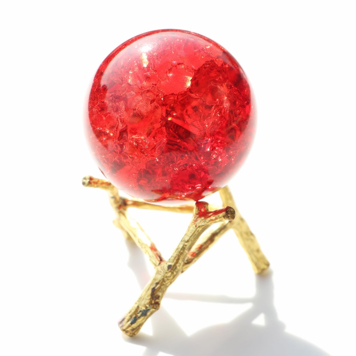 50mm Crystal Ice Cracked Balls with Metal Branches Base Paperweight K9 Glass Decorative Ball Decor for Home Table Room Office Wedding Ornaments (Red)