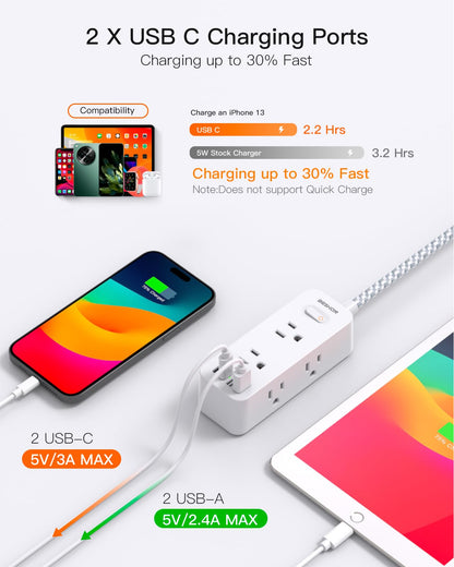Power Strip Surge Protector, BESHON 5Ft Extension Cord, 6 Outlets with 4 USB Ports (2 USB C Outlet), 3-Side Outlet Extender, Wall Mount, Compact for Travel, Home, School, College Dorm Room and Office