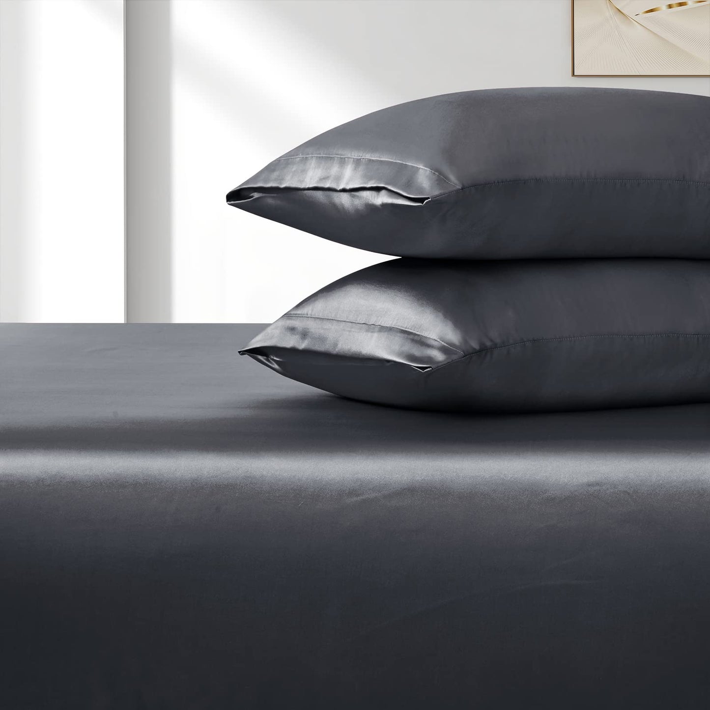 VACVELT 3pcs Extra Deep Pocket Satin Fitted Sheet Set King Bed Set, Grey Bottom Sheet Fit 18-24 Inch Deep Pocket Mattress, Silky Bedding Set Soft & Ultra Deep Fitted Sheet & 2 Pillowcase