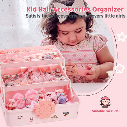 ZOOFOX Cute Hair Accessories Organizer for Girls, 3-Layers Pink Craft Storage Container with Handle, Lockable Storage Box for Hair Clip, Headband, Scrunchie, Cosmetic, Sewing, Toy, Washi Tape