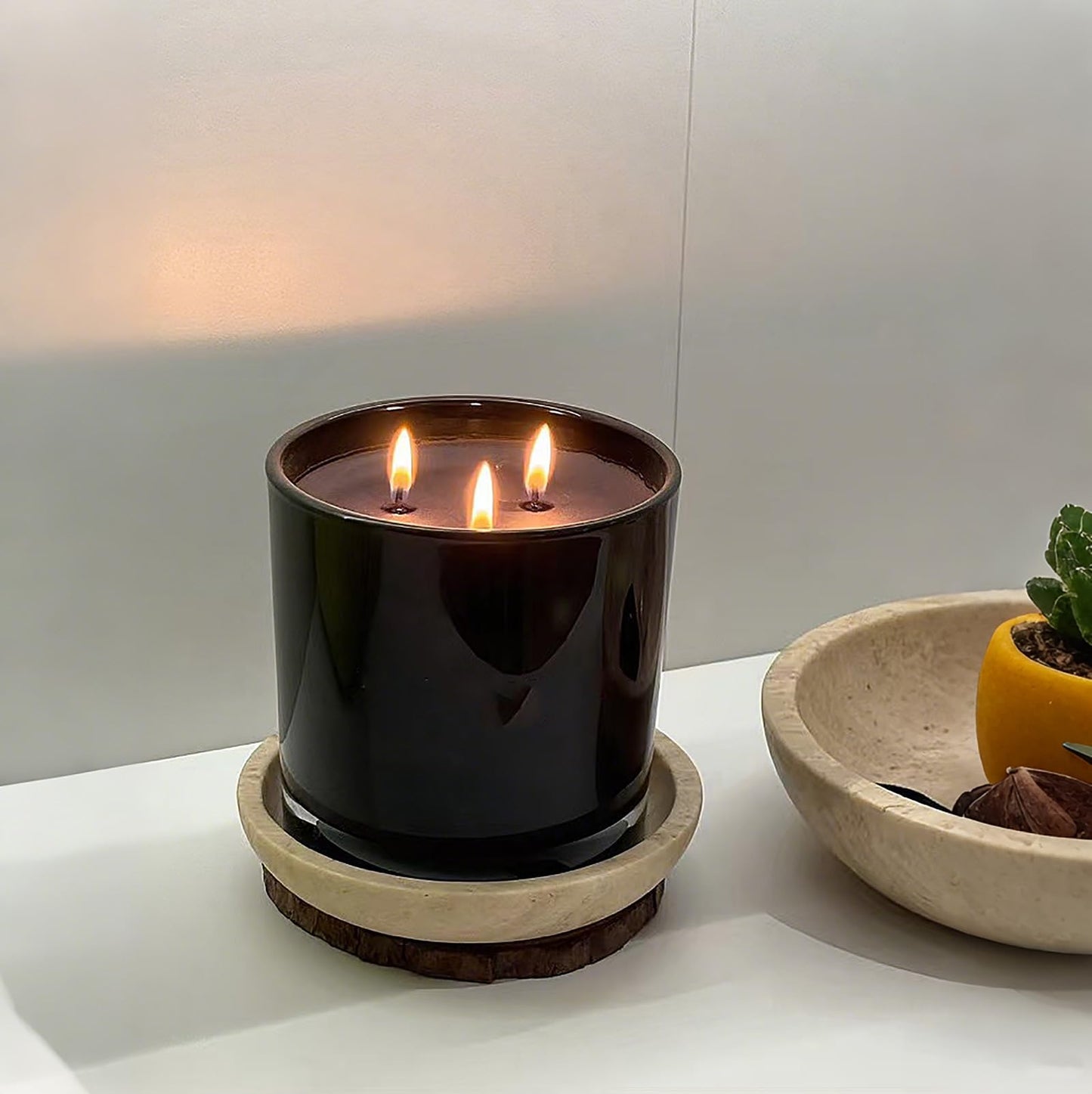 YeasHome Travertine Jewelry Trinket Dish with Non-Slip Grip - 5.5" Stone Candle Ring & Key Holder, Scratch-Resistant Catchall Bowl for Nightstand, Entryway Table, Bathroom Elegant Gift for Women