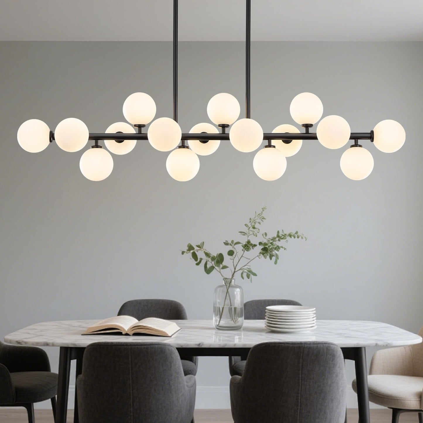 Wystco 56 Inch Black Linear Chandeliers for Dining Room, Kitchen Island, Living Room, 16-Light Mid Century Modern Light Fixture Over Table, Large Milk White Glass Globe Sputnik Bubble Chandelier