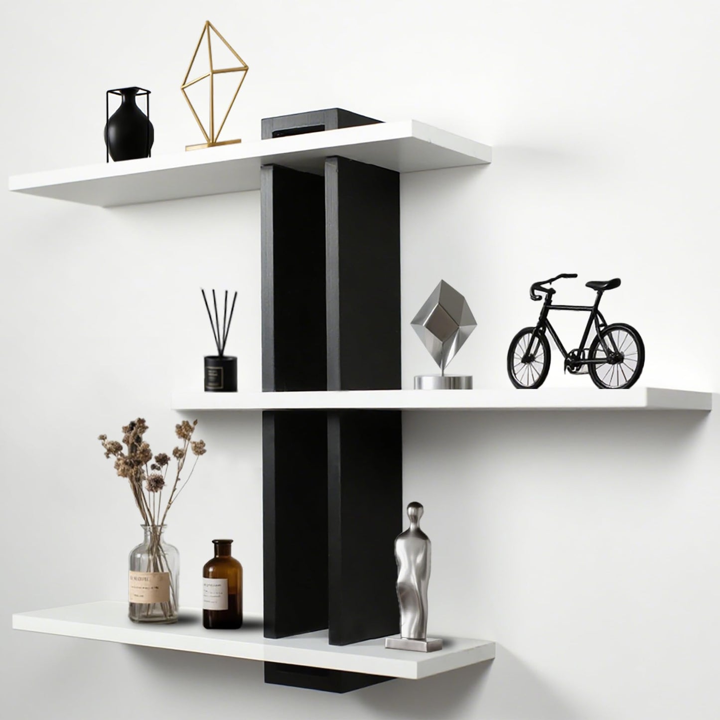 RIVERVALLA Black Floating Shelves for Wall 3 Tier White Bathroom Shelf Wall Mounted Modern Pine Wooden Shelves Rack for Livingroom Bedroom Kitchen Book Plants Organizers and Storage Decor