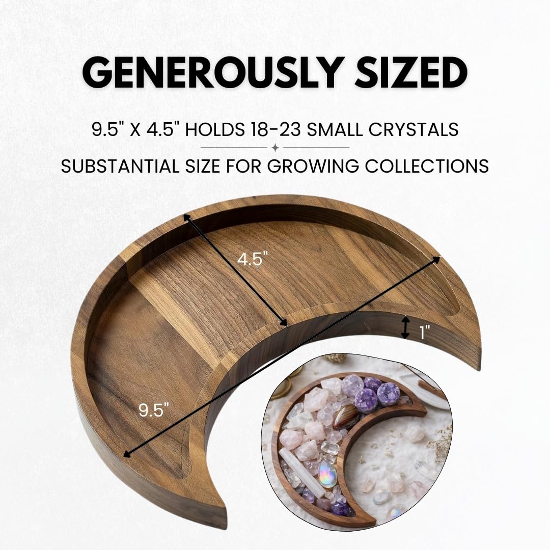 Walnut Moon Crystal Display Tray - Gothic Wooden Altar Tray 9.5" x 4.5" for Crystals and Stones Storage - Solid Wood Jewelry Organizer Dish - Spiritual Decor