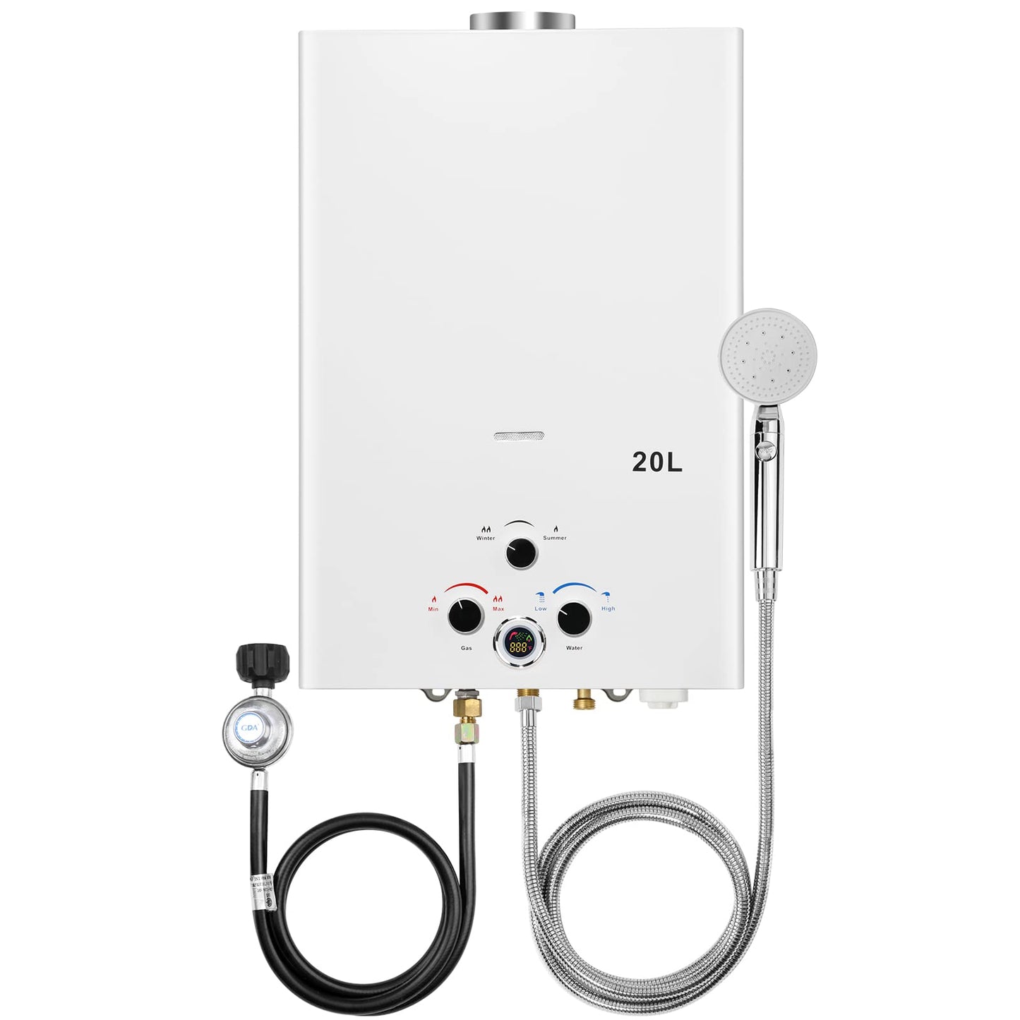 Tankless Water Heater Propane 5.26GPM 20L Outdoor Portable Gas Hot Water Heaters Instant Propane Water Heater with Digital Display Multi-Protection for Camping Trips Boat Cabins