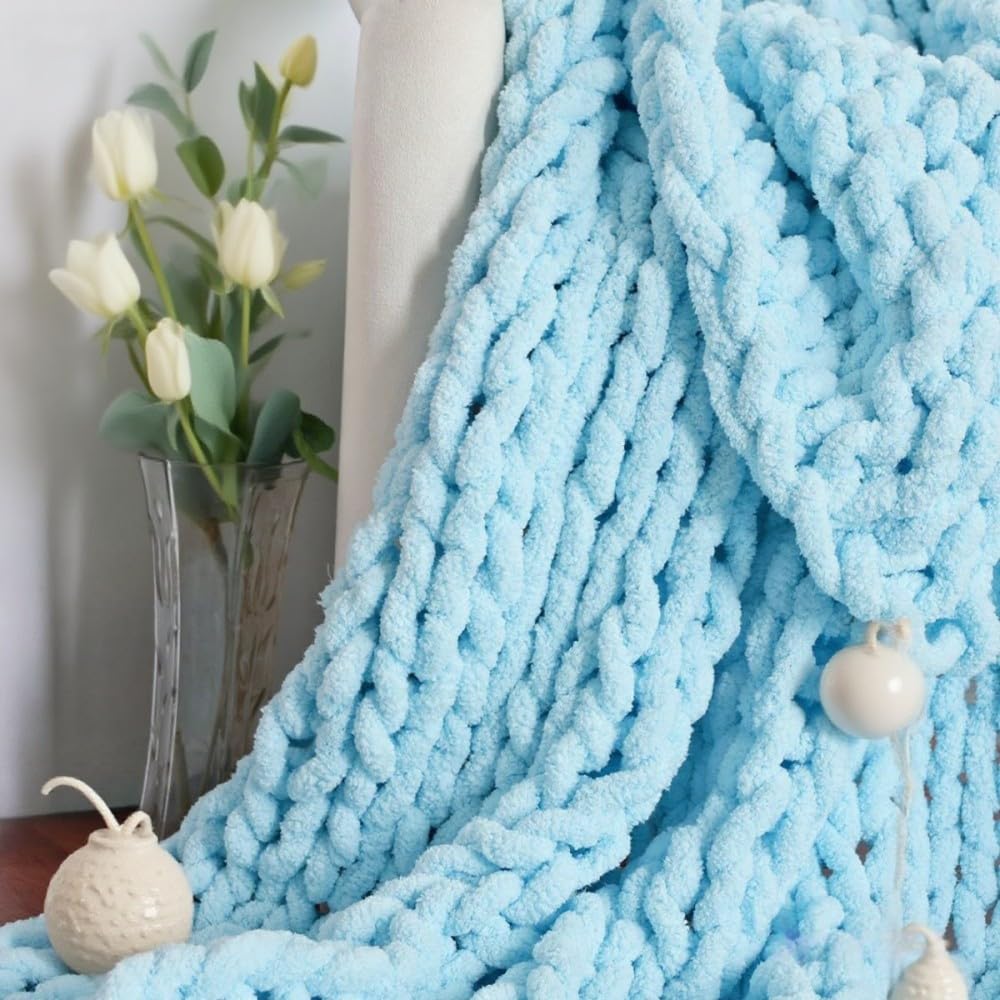 QIFONIX Handmade Chunky Knit Blanket, Cosy Chenille Throw (Blue, Throw (50" x 60"))