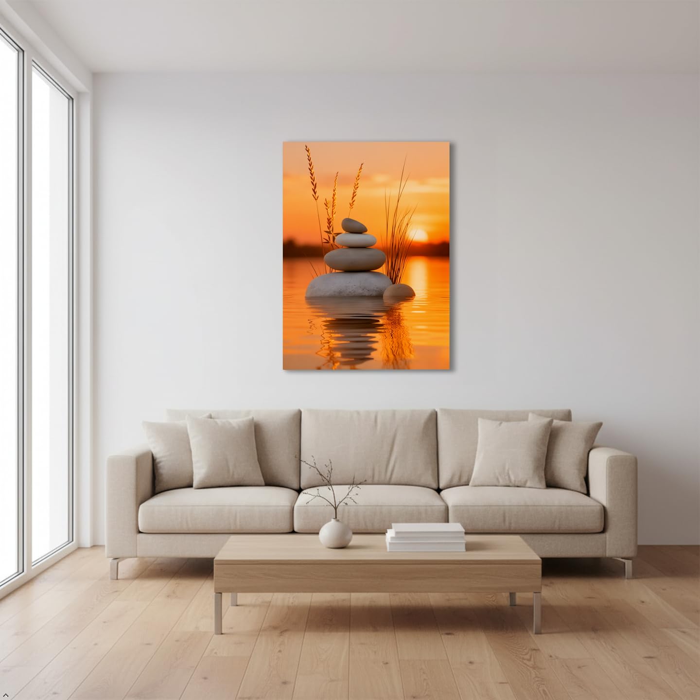 Zen Stone Canvas Wall Art, Sunset Lake Meditation Canvas Painting, Stacked Balance Stones Nature Landscape Artwork, Spa Relaxing Wall Decor for Bathroom Bedroom Living Room, Ready to Hang 12x16 16x24