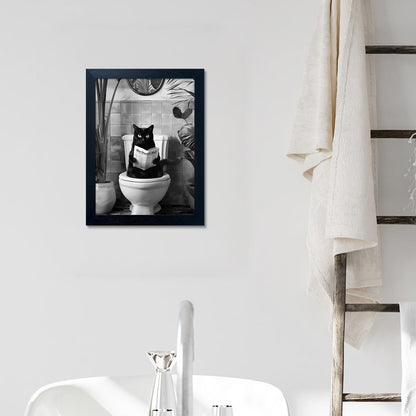 Black and White Bathroom Wall Decor Funny Black Cat Sitting on Toilet Reading Newspaper Humorous Bathroom Wall Art Small Framed Animal Canvas Print Artwork