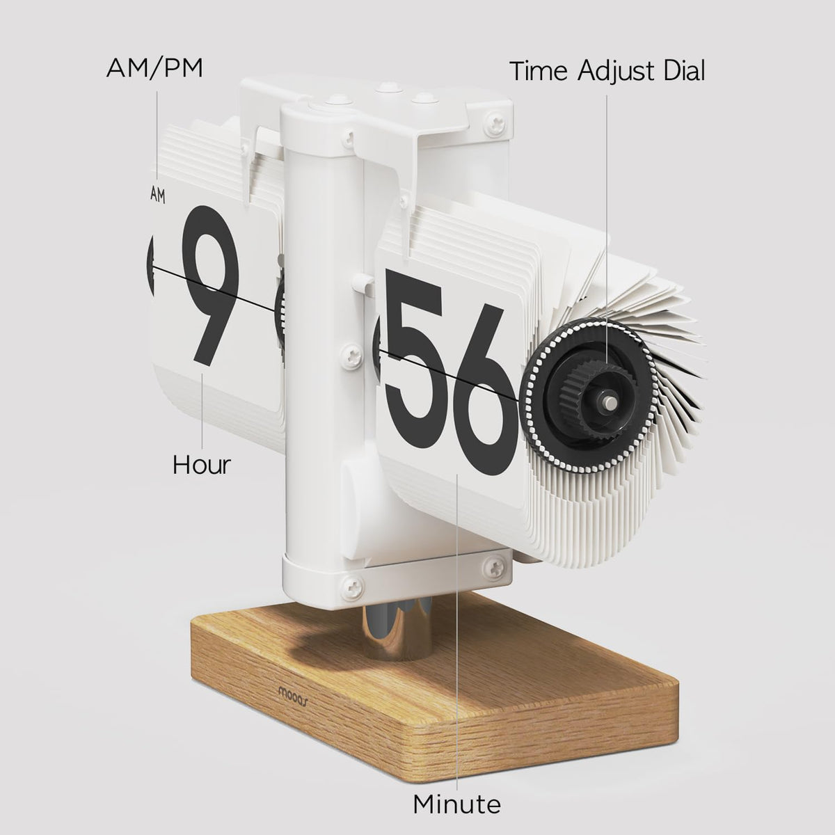 mooas Classic Modern Wood Mini Flip Desk Clock (White), Retro Vintage Analog Design Auto Flip Clock Table Clock Large Number Battery Powered, Ideal for Home Office School Hotel Café