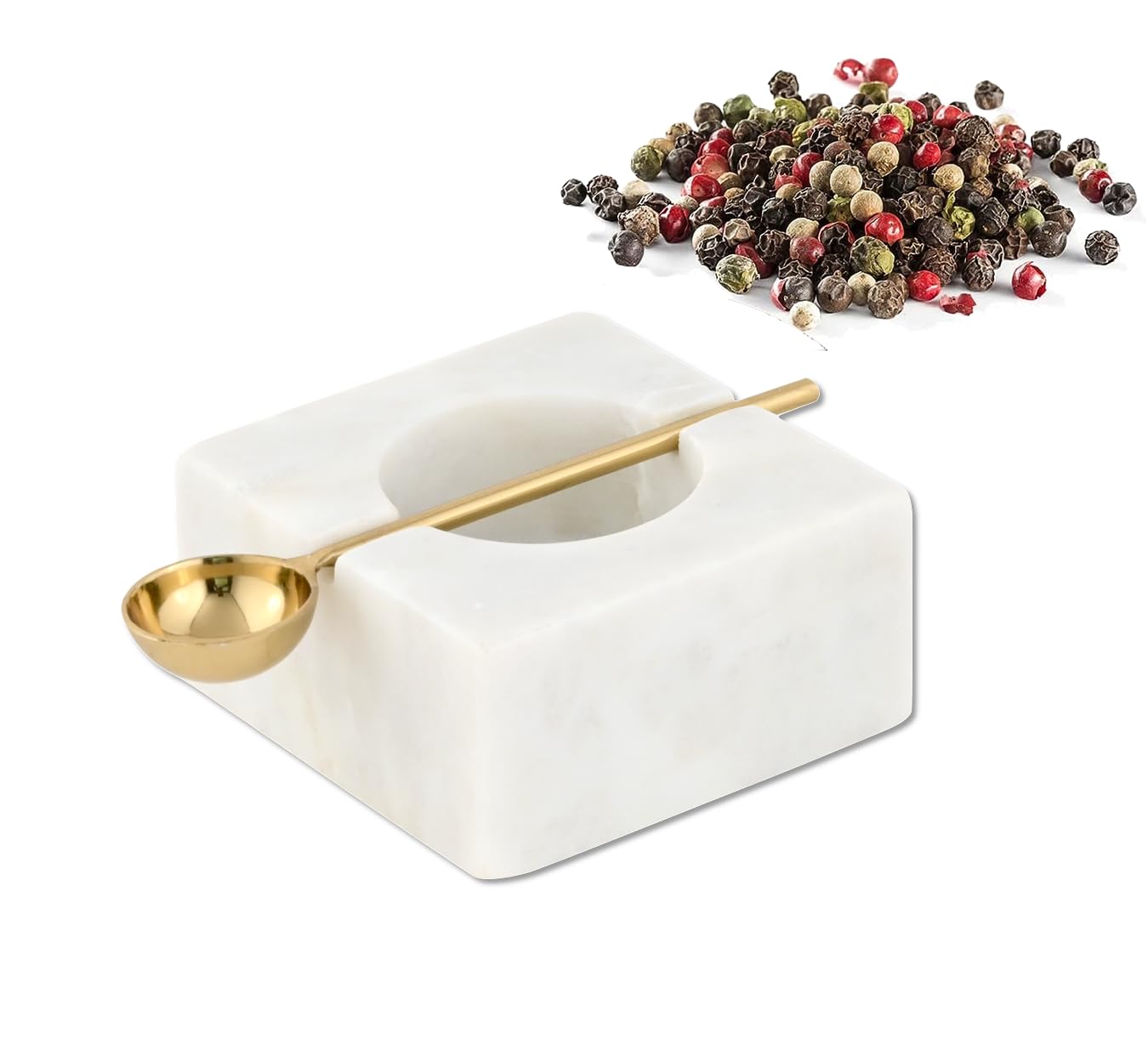 Cruiser’s Caché | White Marble Salt Cellar and Gold Spoon Set | Hand Crafted Natural Marble | For Keeping Gourmet Salts, Pepper, Spices, and Seasonings.