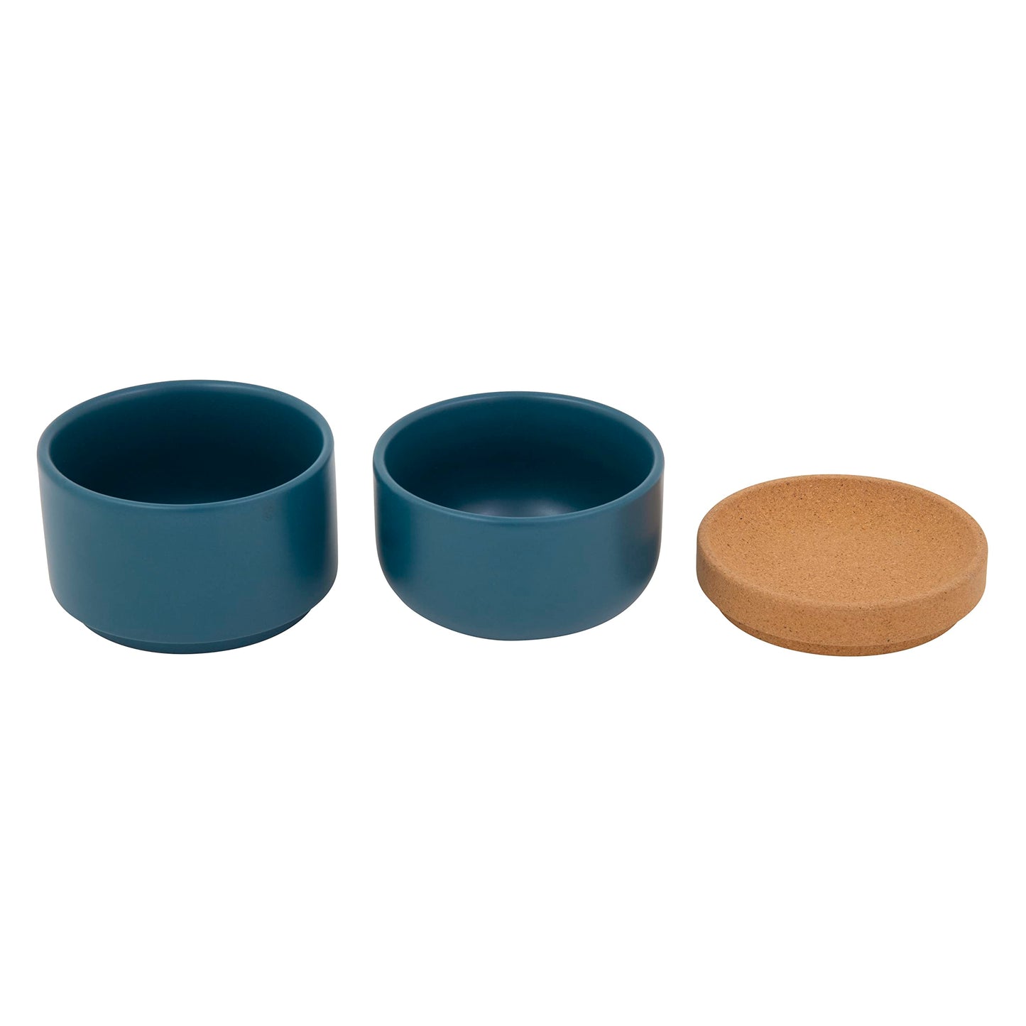 Ceramic and Cork 3 Piece Stackable Salt and Pepper Cellar For Countertop Space Saving, Easy Lift Lid to Retain Freshness, Natural Cork and Teal Ceramic