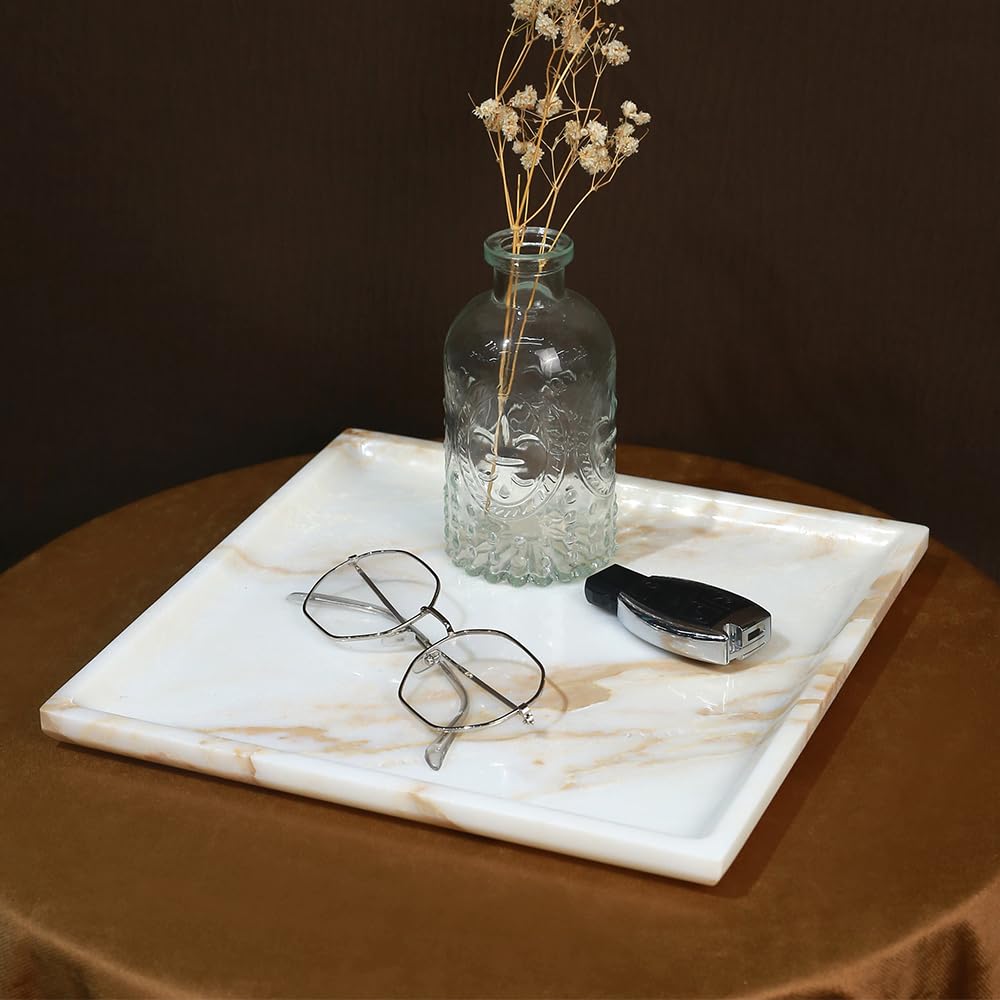DUANYAN Natural Marble Tray for Kitchen Counter Living Room, Stone Plate for Fruit Jewelry Perfume Cosmetics Key, Decorative Tray for Table Decor (Calacatta-Glod/Square 9.8"x9.8"x0.7")
