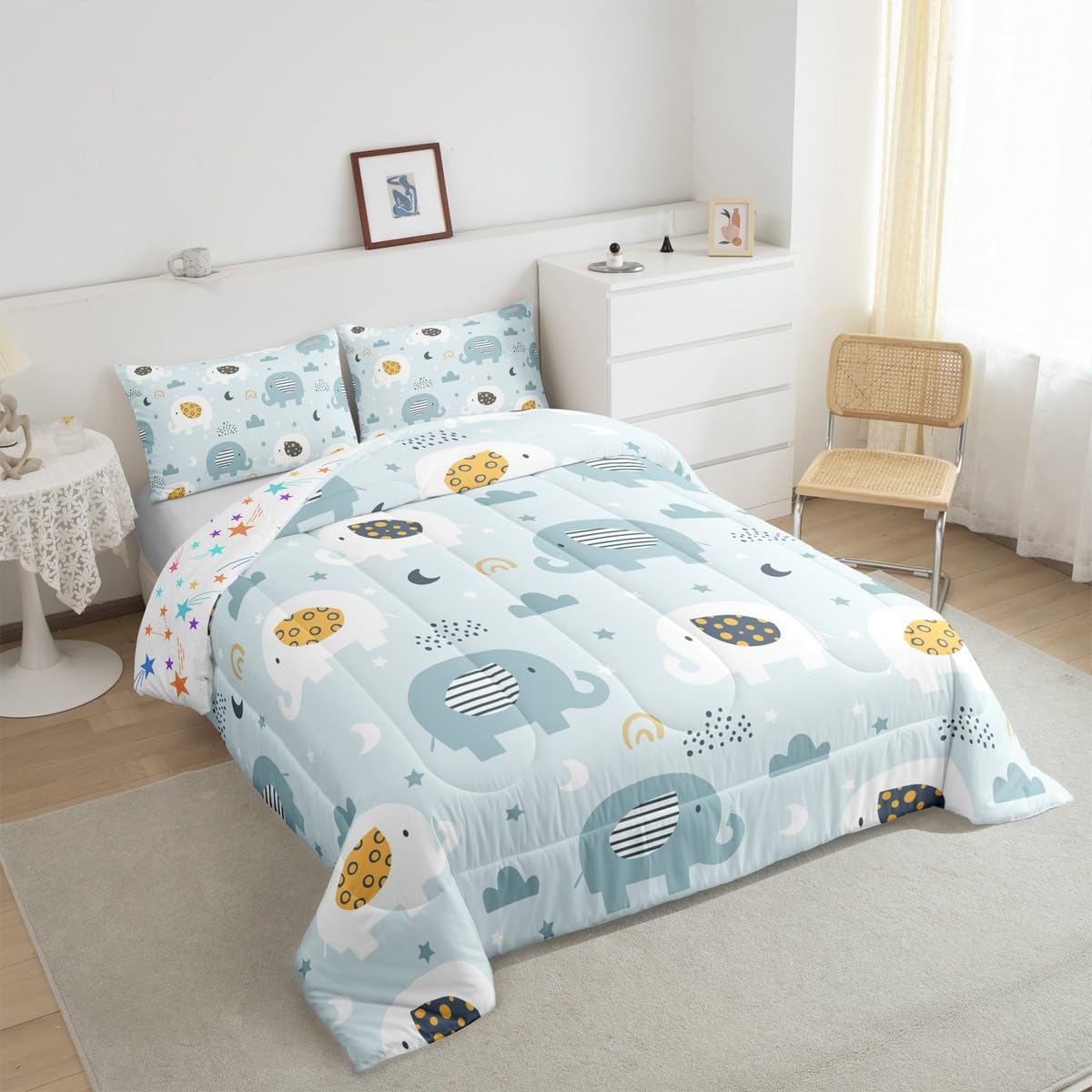 Feelyou Cartoon Elephant Bedding Set for Boys Girls Full, Kids Zoo Animal Comforter Set Rainbow Elephant Comforter Wildlife Duvet Set 3Pcs