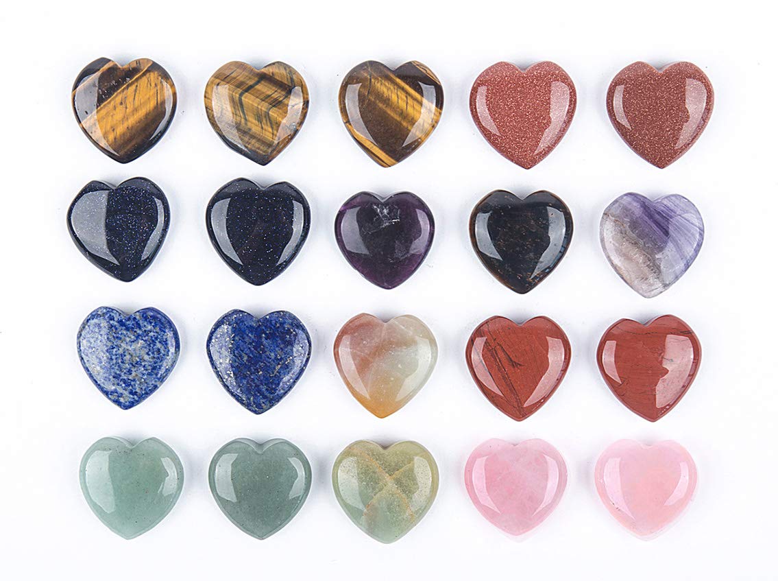 JIC Gem 20 pcs Mixed Crystal Heart Stones Heart Shape Chakra Stones 30mm Reiki Balancing Hand Carved Polished Palm Worry Stone Gift Jewelry Making and Collection