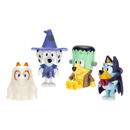 Bluey Figure 4-Packs, Halloween, 2.5 Inch Poseable Figures of Bluey, Bingo, Chloe and Lucky Dressed In Halloween Costumes, With Accessories