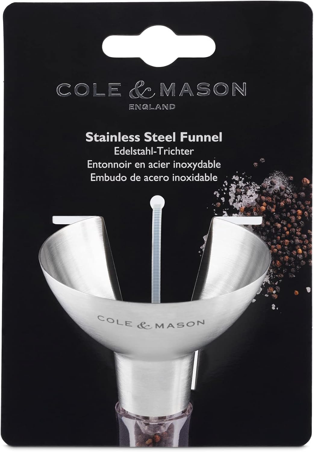 COLE & MASON Stainless Steel Salt and Pepper Funnel - Versatile Small Funnel for Filling Spice Jars and Other Kitchen Essentials - Convenient Funnels for Kitchen Use Filling Bottles - Metal Funnel