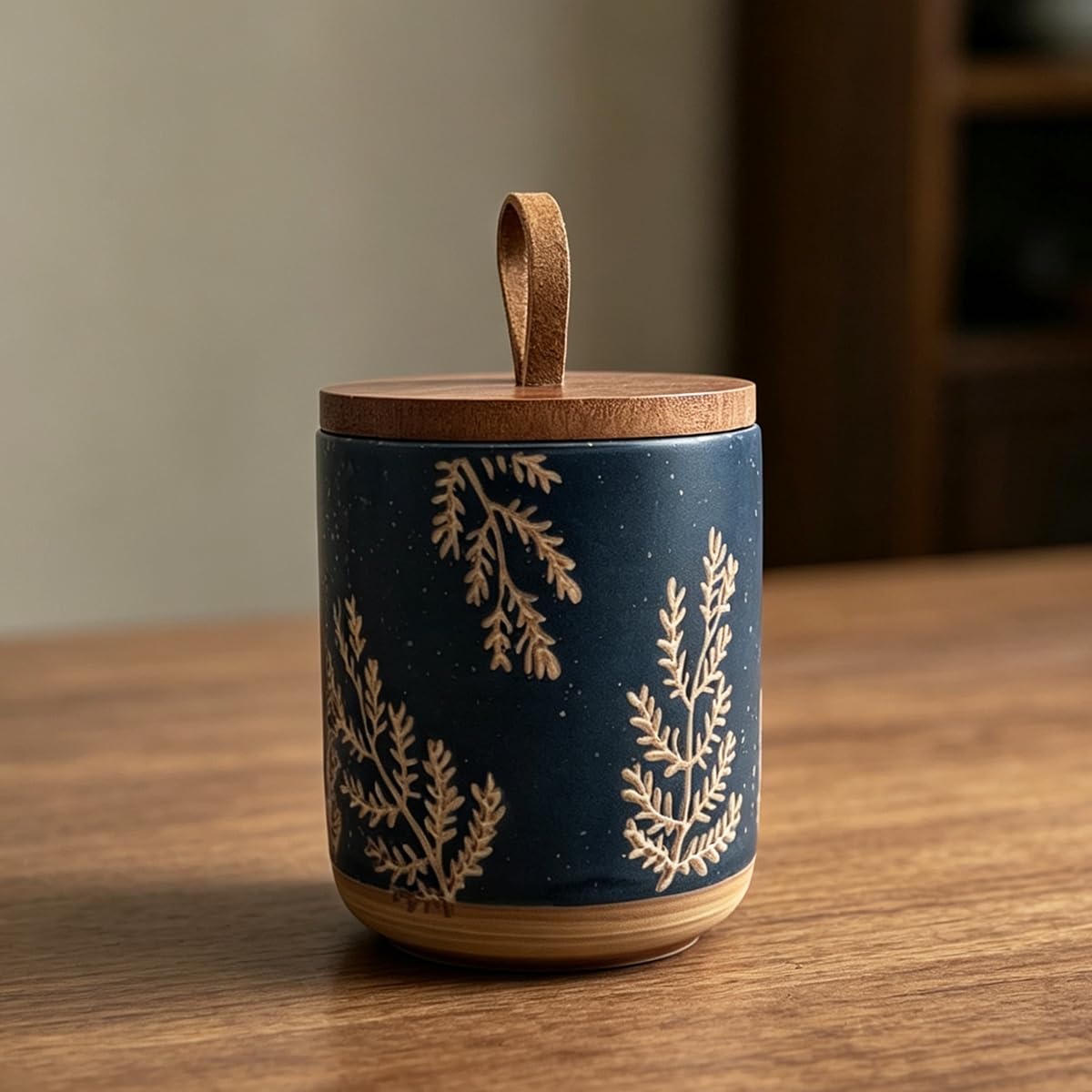 EWEIGEER 10oz Ceramic Airtight Food Storage Container with Wooden Spoon for Sugar,Matcha,Salt,Coffee,Spices,Cat Treat,Loose Leaf Tea(Black Botanical Fern Pattern)