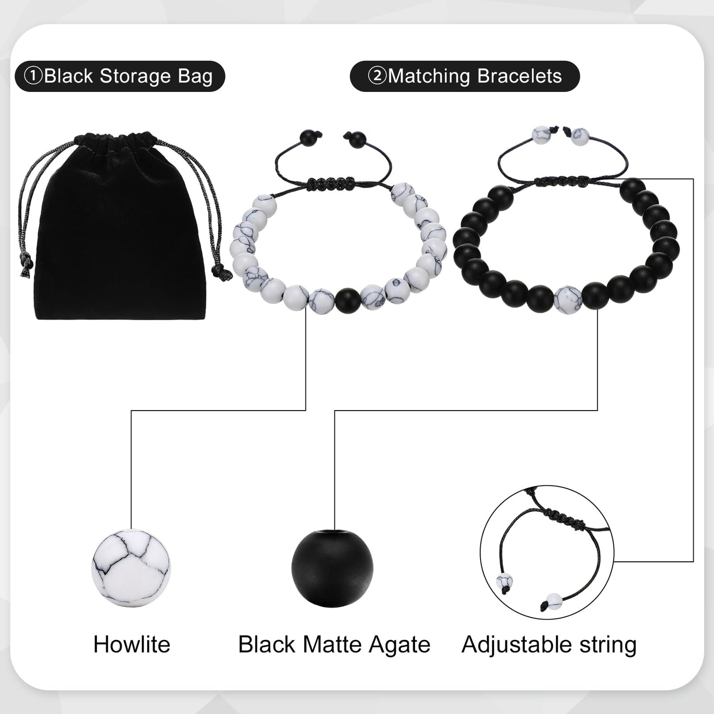 BBTO Couples Bracelets Long Distance Matching Bracelets 8mm Howlite Beads Black Matte Agate for Couples His and Her Gifts(Classic Style)