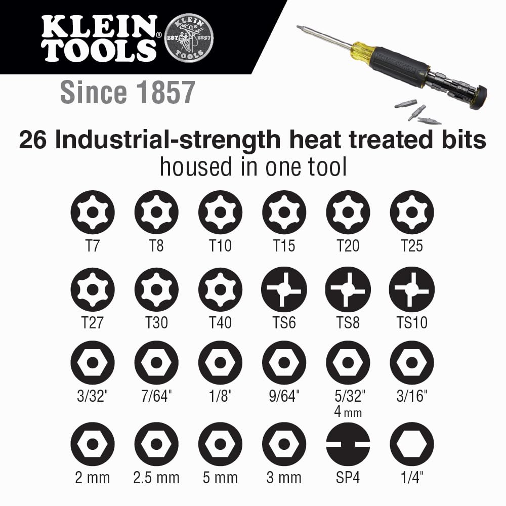 Klein Tools 32307 Multi-bit Tamperproof Screwdriver, 27-in-1 Tool with Torx, Hex, Torq and Spanner Bits with 1/4-Inch Nut Driver, Black/Yellow