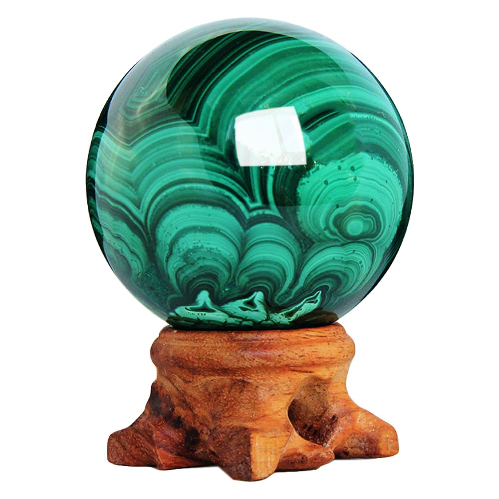 KINO Natural Malachite Sphere with Wood Stand Crystal Healing Mineral Gemstone Ball Divination Sphere Sculpture Figurine