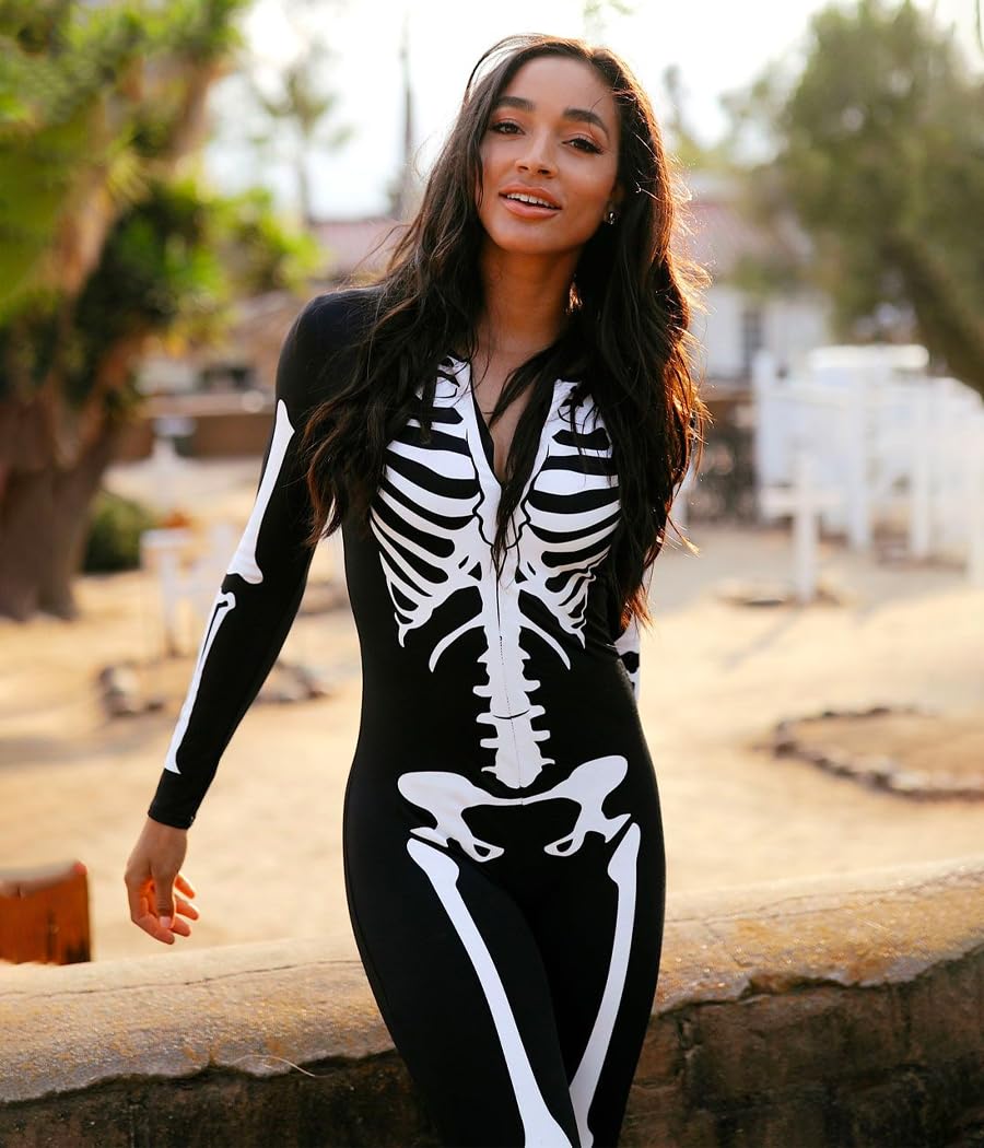 Tipsy Elves Form Fitting & Flattering Skeleton Bodysuit for Halloween - Women's Sexy Skeleton Costume - White, Size Medium