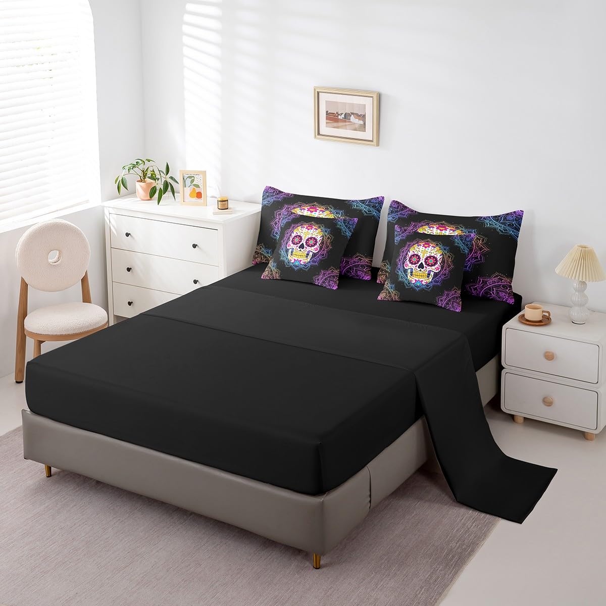 Erosebridal Sugar Skull Full Size Bed Sheets and Comforter Set,Bohemian Mandala 7 Piece Bedding Set Boho Floral Gothic Bone Bed in a Bag,Tribe Exotic Flower Halloween Skeleton Decorations
