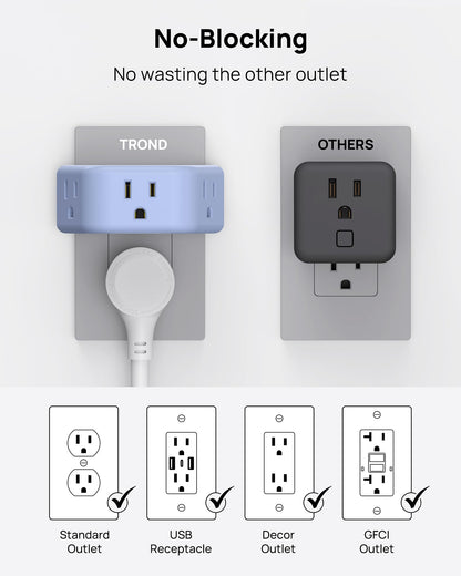 TROND Multi Plug Outlet Extender 2 Pack - Electrical Wall Splitter, 3 Way Angled Wall Outlet Adapter, Cruise Essentials, Small Multiple Plug Expander for Cruise Ship Home Office Dorm Room, White