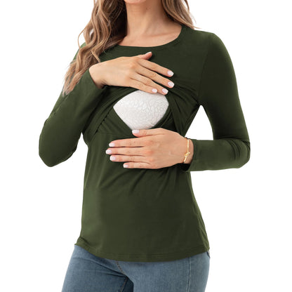Bearsland Women's Nursing Shirt Long Sleeve Round Neck Breastfeeding Top, Black & Army Green & White Stripes, L