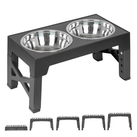 FOREYY Adjustable Elevated Dog Bowls with 2 Stainless Steel Bowls, Raised Dog Bowl 5 Heights (8, 22, 25,28, 31 cm), Non-Slip Dog Food water Bowl Stand for Small Medium Large Dogs(Grey)
