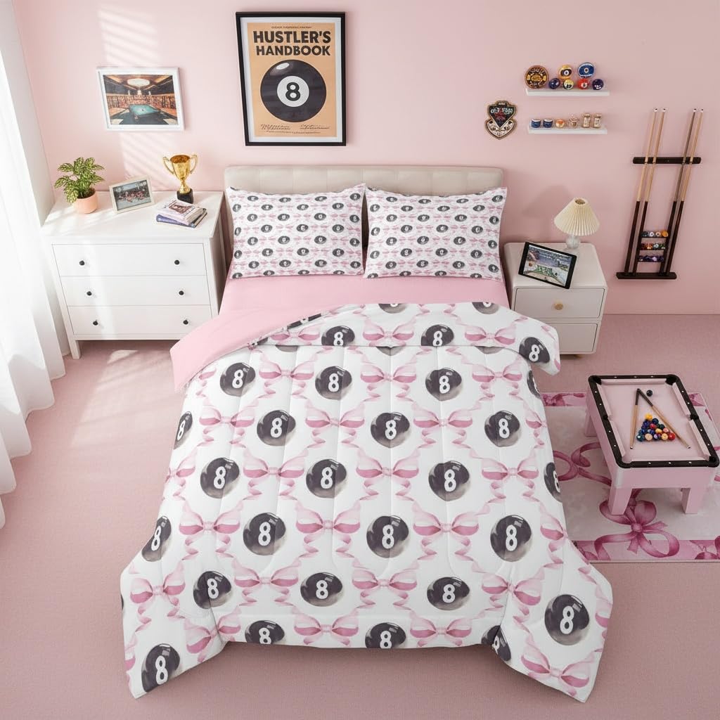 Castle Fairy Billiard Ball Kids Full Comforter Sets,Splicing Bow Tie Reversible Bedding Set for Boys Teens Children,Woman Girls Bowknot Quilt Set 3 PCS,Billiard Lover Duvet Insert,2 Pillow Cases