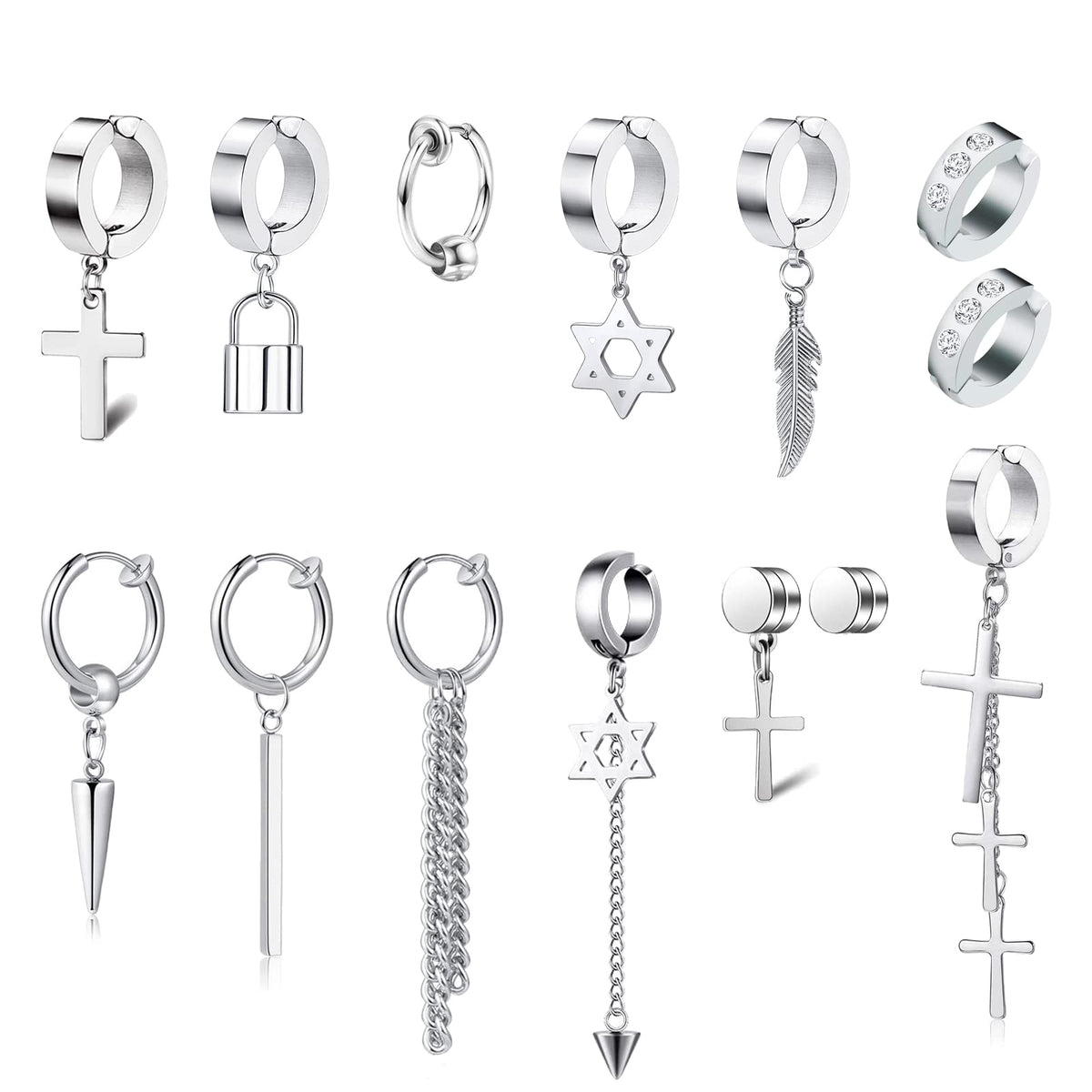 14 Pcs Silver Goth Stainless Steel Non Pierced Fake Piercing Cross Feather Spike Awl Star of David Dangle Tassel Clip on Hoop Earrings Set Jewelry for Unisex