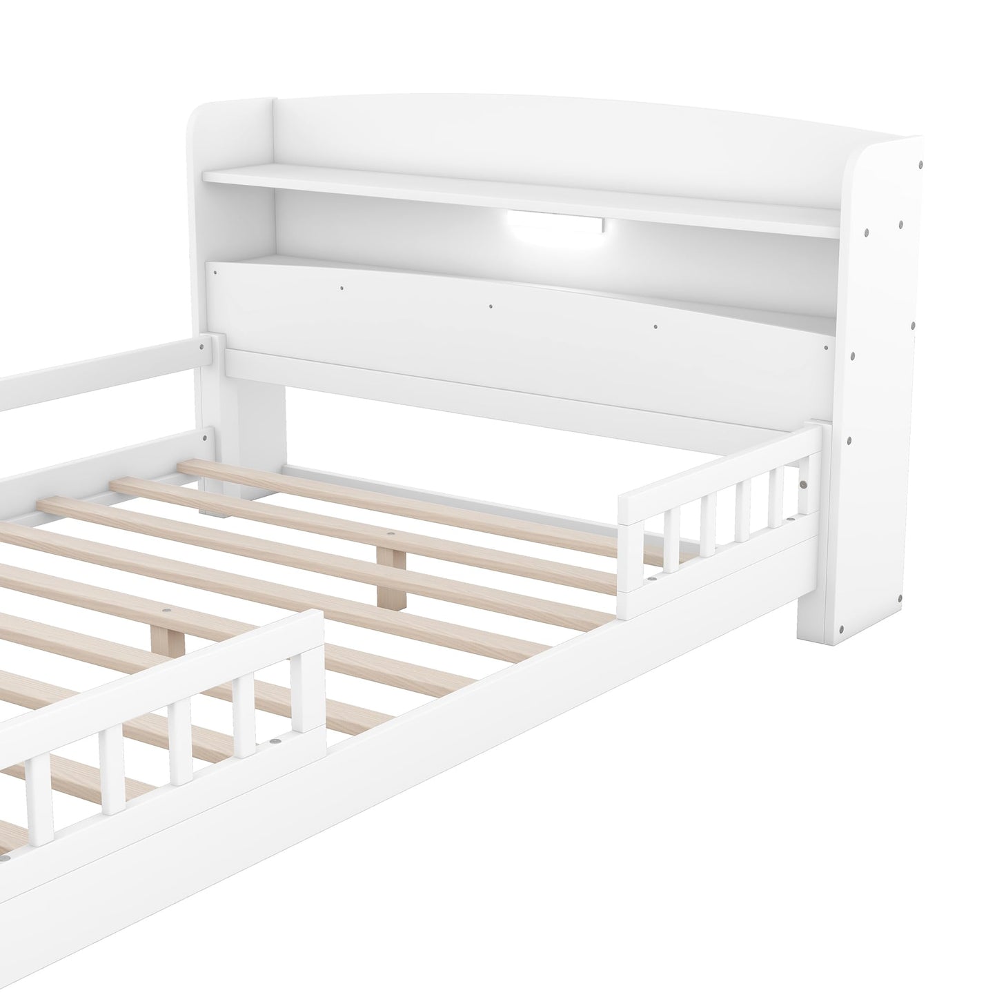 Merax Full Size Bed Frame, Solid Wood Full Platform Bed with Storage Headboard, Built-in Light and Safety Guardrail, Montessori Inspired Bed, No Box Spring Needed, White
