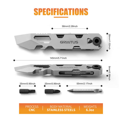 EDC Pry Bar Multitool with Bi-Directional Ratchet Screwdriver & Everlasting Pen, Wrenches, Crowbar, Bottle and Box Openers - Your Versatile Companion for Everyday Carry and Camping Accessories