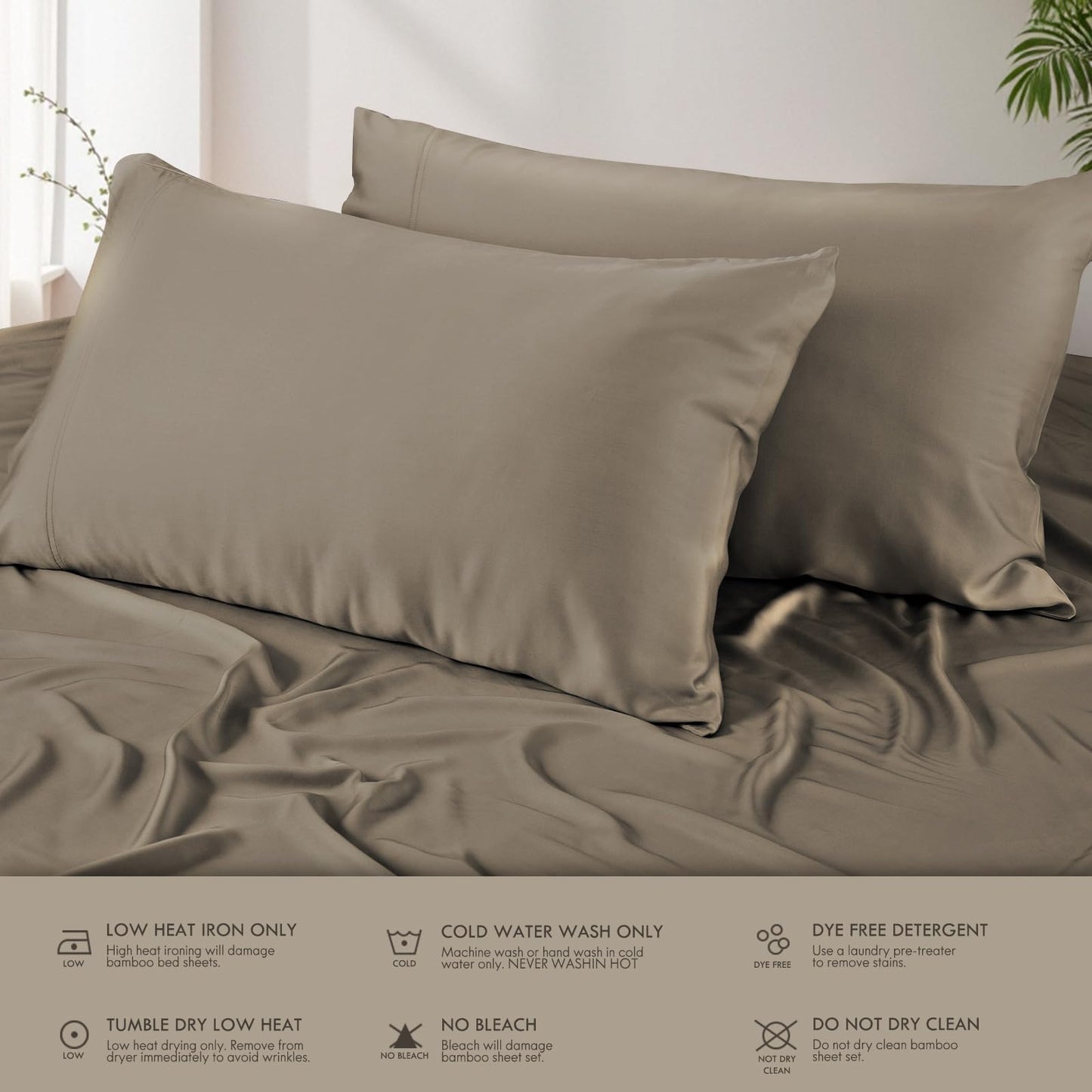 ClevaHome Sheets Queen Bed Sheet Set, 100% Rayon derived from Bamboo, Luxuriously Soft, Cooling, Double Stitching, 16" Deep Pockets Imported (Queen, Taupe)