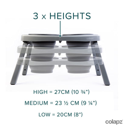 Colapz Collapsible Dog Bowls with Adjustable Stand – Foldable Elevated Food & Water Bowls for Dogs & Cats – Travel, Camping & Car – Silicone Pet Bowls with Carry Bag, Grey