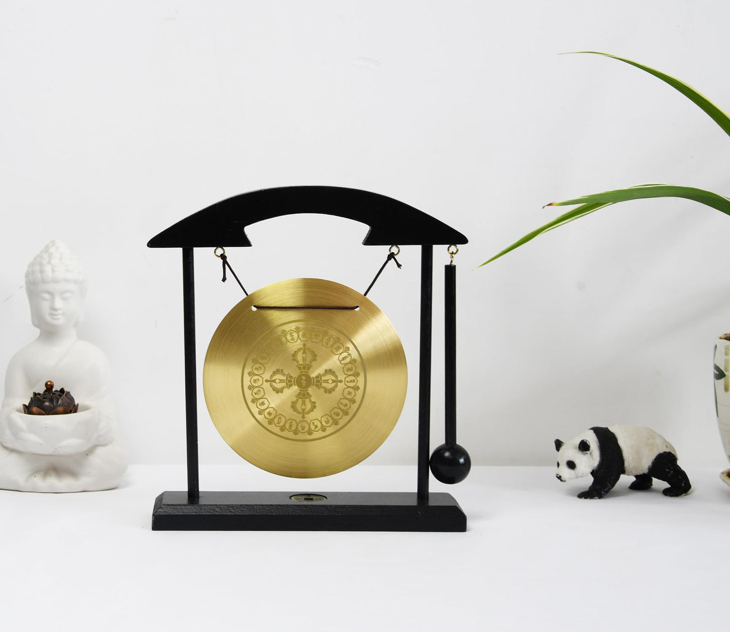 Feng Shui Desktop Gong Set, Brass Gong with Cross Vajra (Dorje) Center & Om Mani Padme Hum Mantra Ring, Solid Wood Frame & Mallet, Tibetan Zen Decor for Meditation & Energy Clearing, 11.1"W x 7.9"H